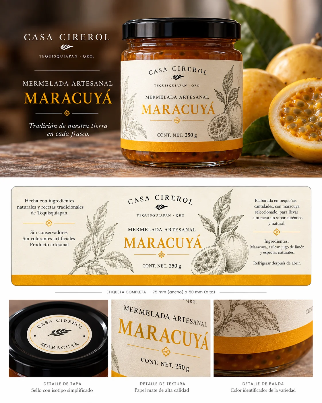Exploración de identidad y empaque para mermelada artesanal CASA CIREROL