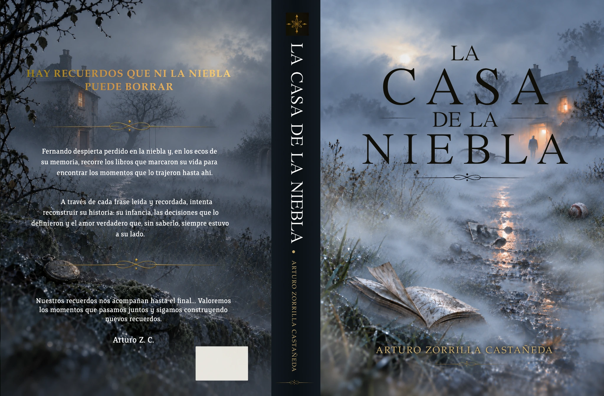 Cubierta completa de La casa de la niebla, de Arturo Zorrilla: contraportada, lomo y portada