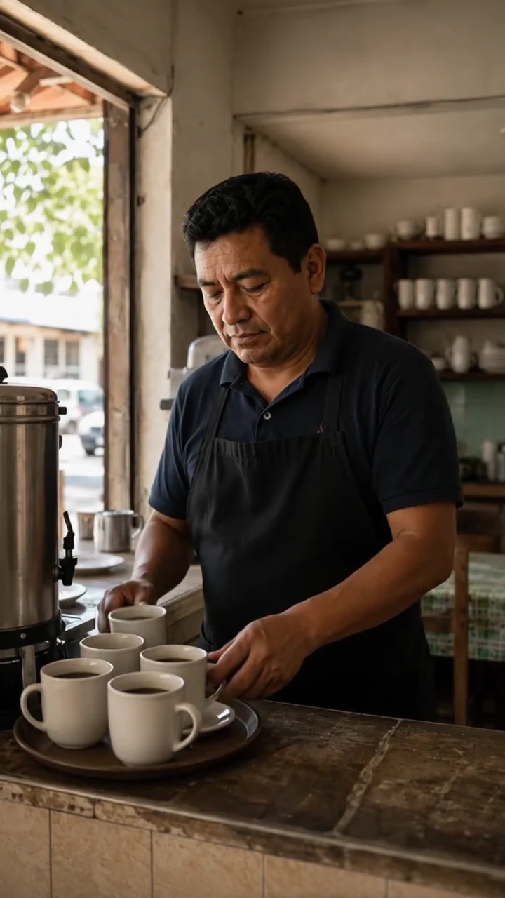 Escena dramatizada de un comerciante en su negocio